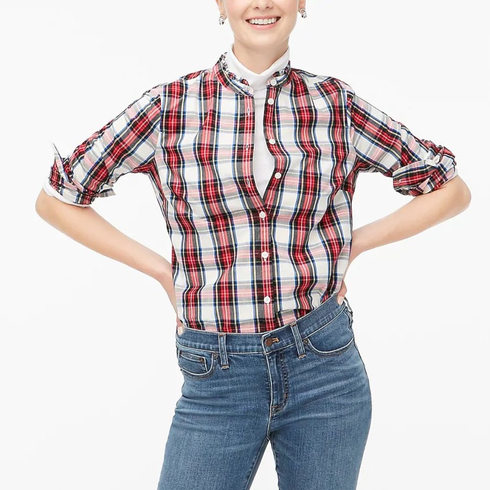 J. Crew Factory Tartan top with ruffled collar